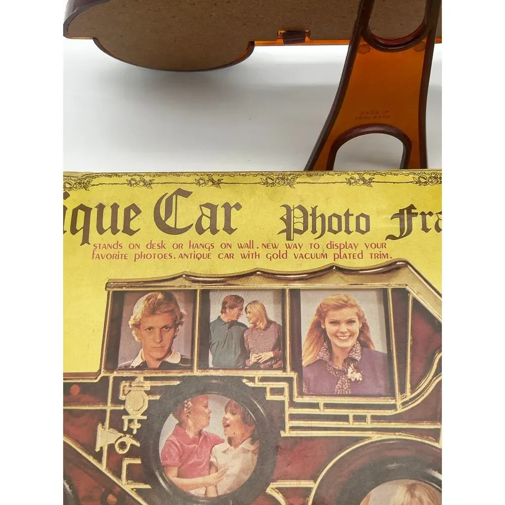 Vintage Antique Car Photo Frame 6 Opening Gold Tone Hong Kong w/ Original Box
